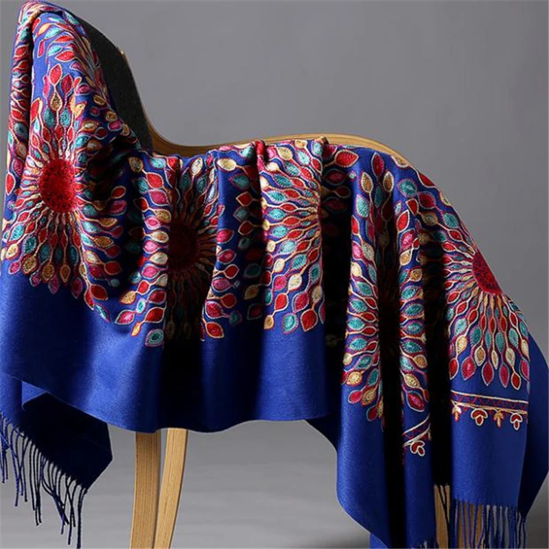 

Winter Fine Tassels Scarf Fashion gray Shawl Women Oversize Shawl Embroidery Cashmere new Scarf Warm