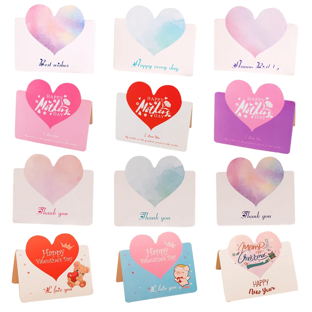 

10Pcs/Lot Heart Shaped Greeting Card With Envelope Mother Teacher Thank You Blessing Postcard Birthday Valentine's Day Gift Card