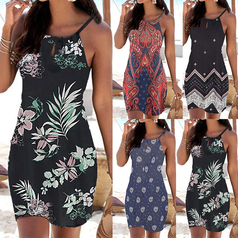 

Fashion Guofeng Halter Collar Printed Sleeveless Casual Mini Beachwear Dress 2021 New High Street Harajuku Style Trendy Women