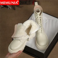 memunia new genuine leather nature wool ankel boots lace up platform women boots warm fur snow boots female shoes size 34 42