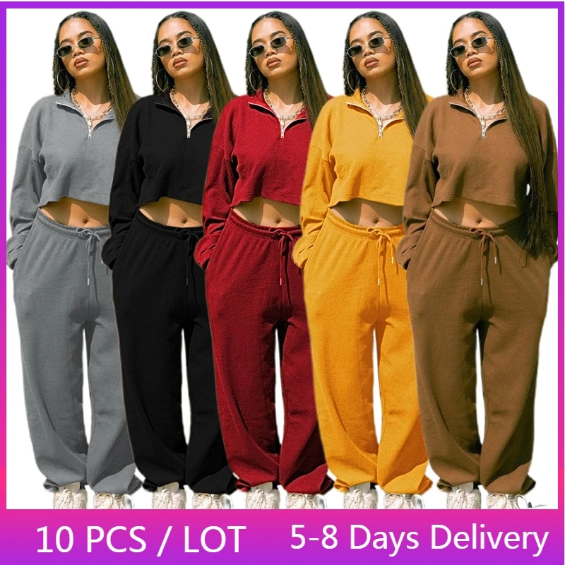 

Wholesale Items Ribbed Two Piece Set Women Winter Clothes Crop Top and Pants Set Solid Loose Jogging Suits for Women Streetwear