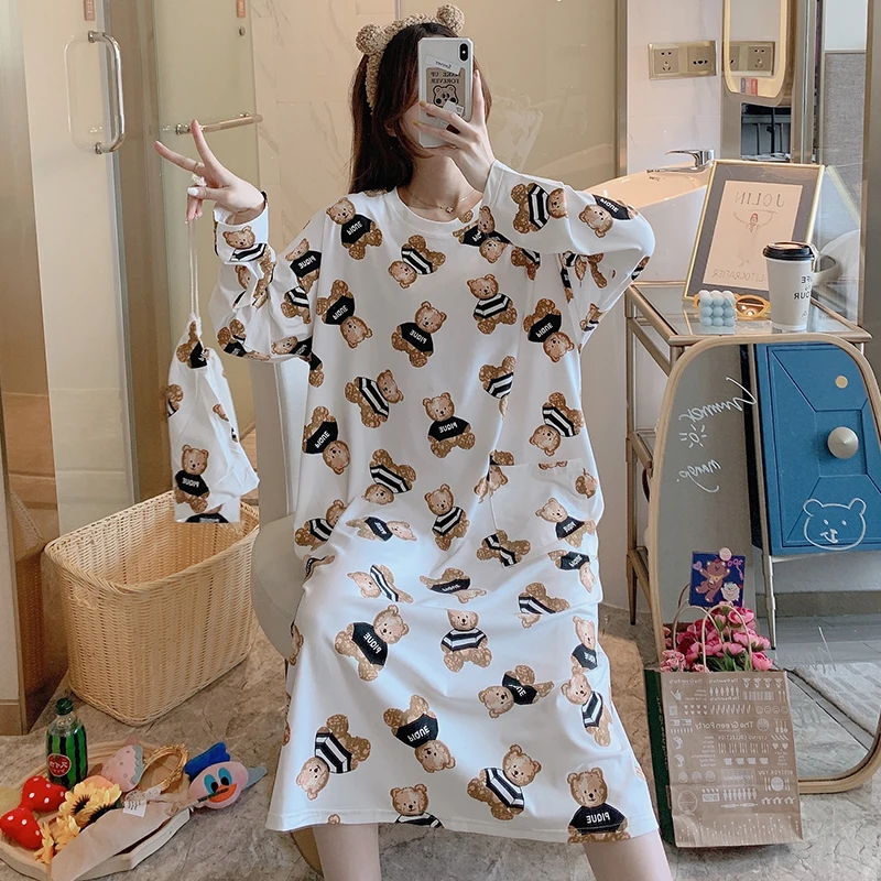 Korean Pajamas Set for Women Sleepdress Cartoon Bear Nightgowns Anime Girls Home Suit Long Sleeve Spring Autumn Pijama Ladies