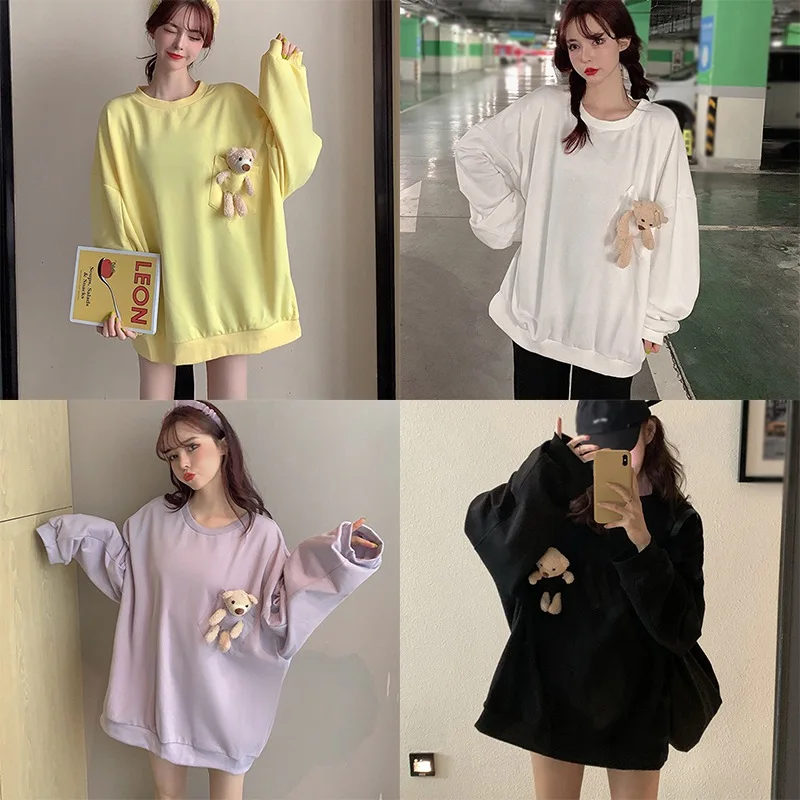 

Women Comfortable Solid Color Sweatshirt Girls Cute Bear Decoration on the Side Casual Long-sleeved Sweatshirt New Arrivals 2020