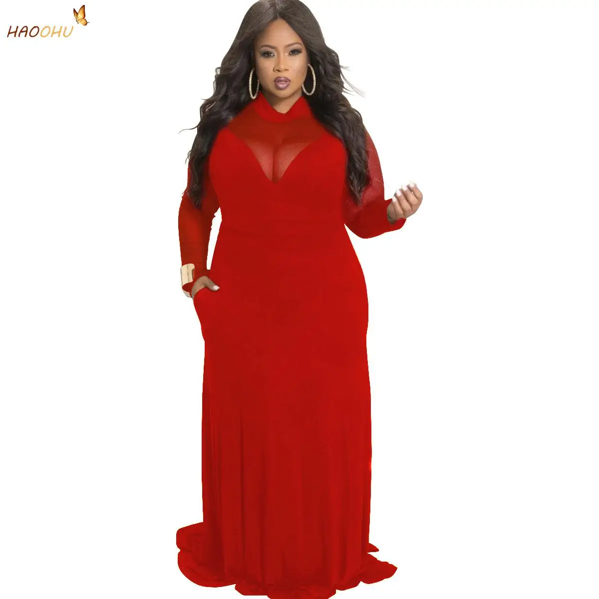 

HAOOHU Women Clothing Dresses Plus Size Long Sleeve Large Dress Casual Turtleneck Mesh Stitching High Elastic Soild Color Urban