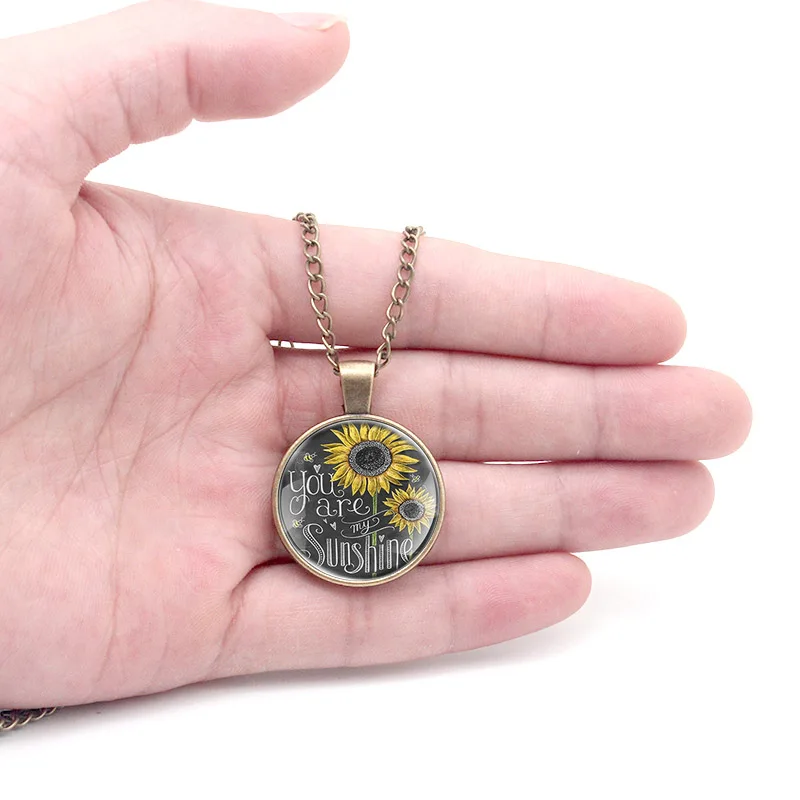 

Classic Morning Glory Lotus Sunflower Glass Dome Metal Necklace Pendants Long Chain Pendants For Men Women Jewelry Gift