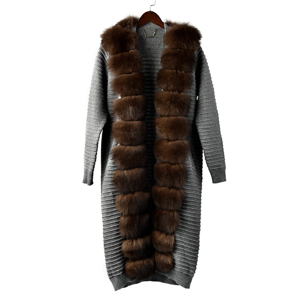 YC032-2 Tatiana Furclub Модное темно-серое трикотажное пальто с поясом зимнее пальто из натурального меха женское тонкое вязаное с лисьим меховым воротником длинное пальто - Цвет: YC032-2