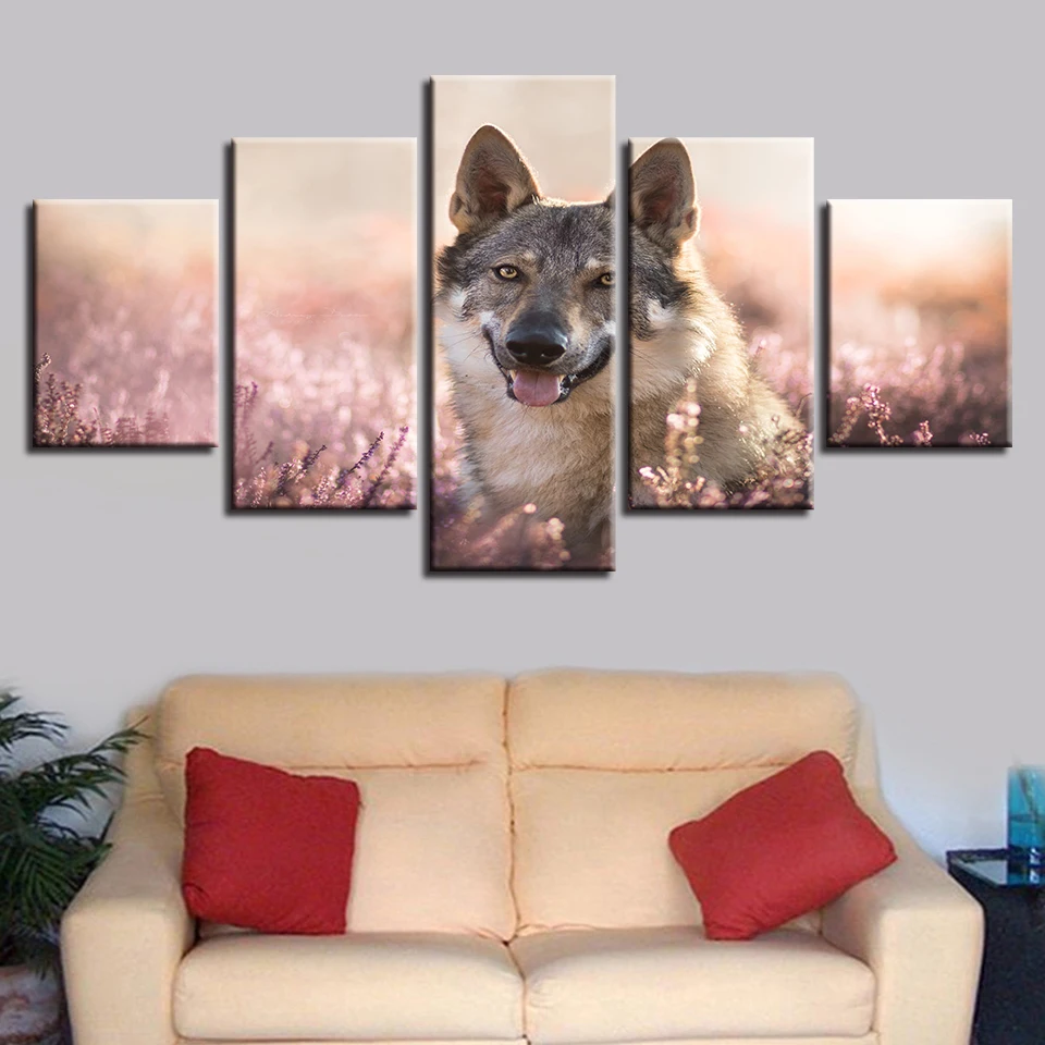 

5 pcs Modern Canvas Living Room Pictures Painting Wall Artwork Alsatian in the flowers HD Printed Modular Poster