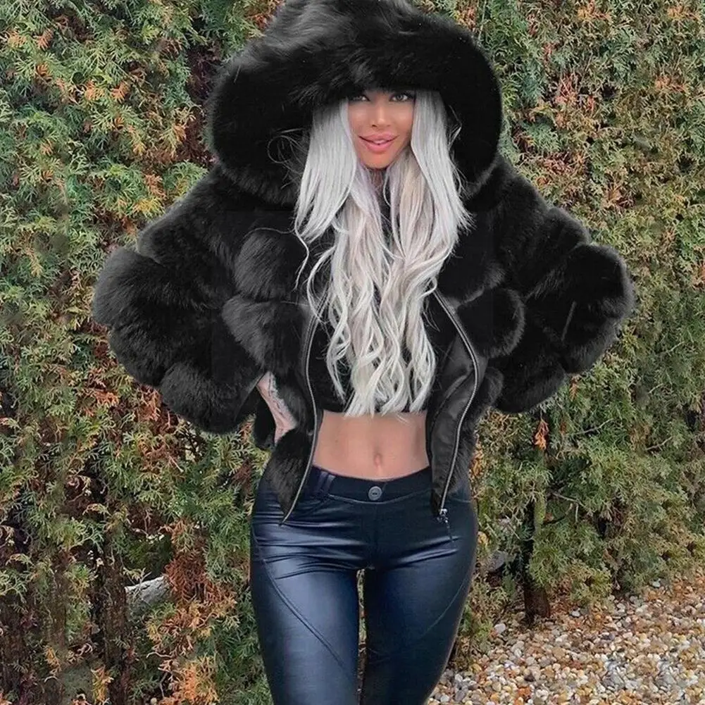 

Winter Warm Fashion Hooded Faux Fur Coat Women S-3xl Elegant Femme Color Crop Plush Furry Daily Overcoat Casual Jacke Z8h9