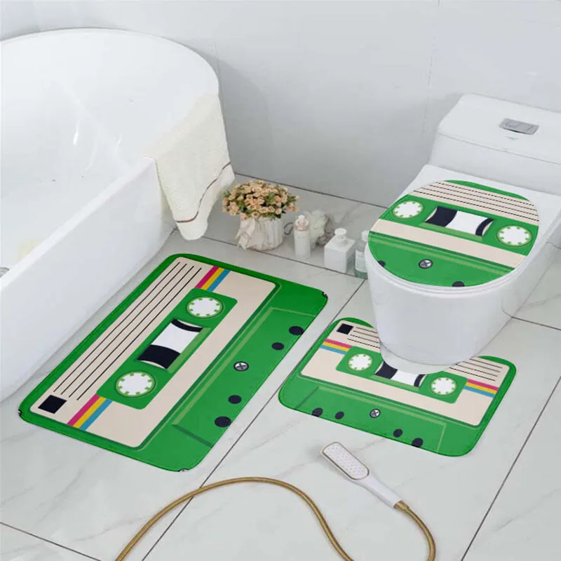 bathroom non slip mat toilet cover set cassette music tape retro shower room flannel carpet bath entrance waterproof door mat free global shipping