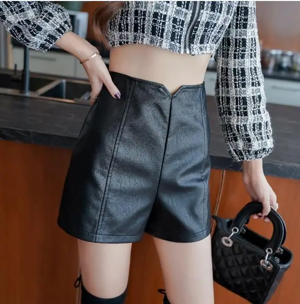 

PU Leather Shorts Autumn Winter Women High Waist Black Wide Leg Short Pants Female Punk Night Club Mini Sexy Shorts