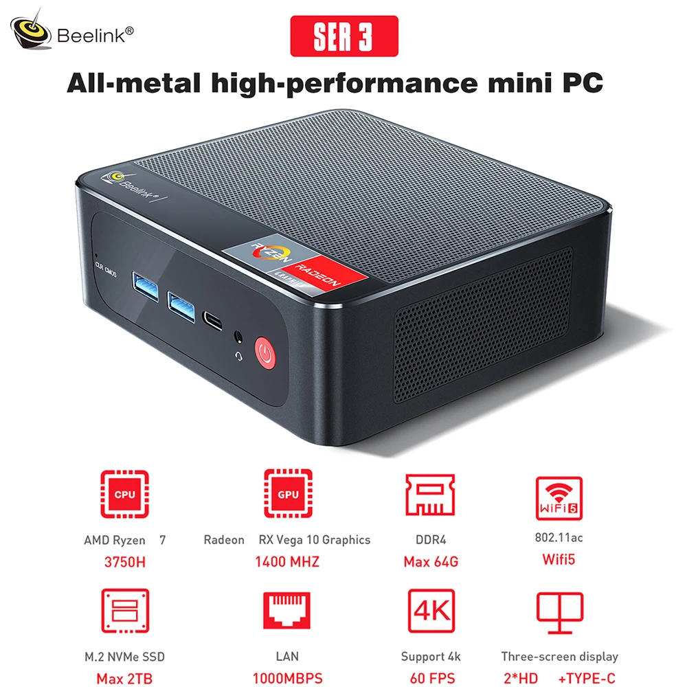 

BEELINK SER3 Mini PC 3750H 8G DDR4 256G Windows 10 Desktop WiFi 5 Bluetooth-Compatible 4.0 HD Display US
