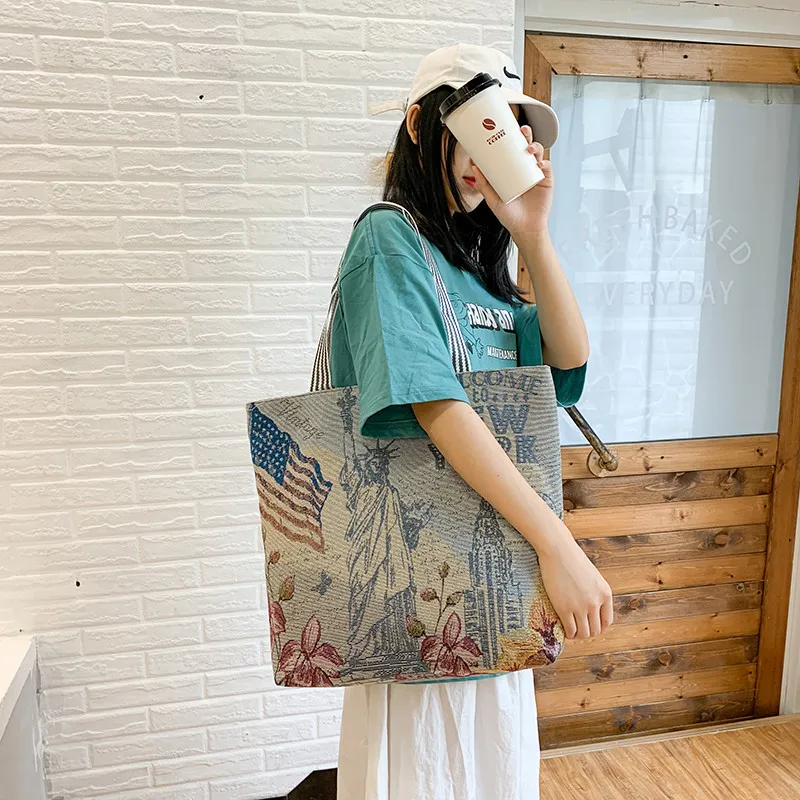 

New Women's Fashion Cartoon Printed Canvas Handbag Female Casual Tote Large Capacity Shopping Bag Reusable Folding Shoulder Bags