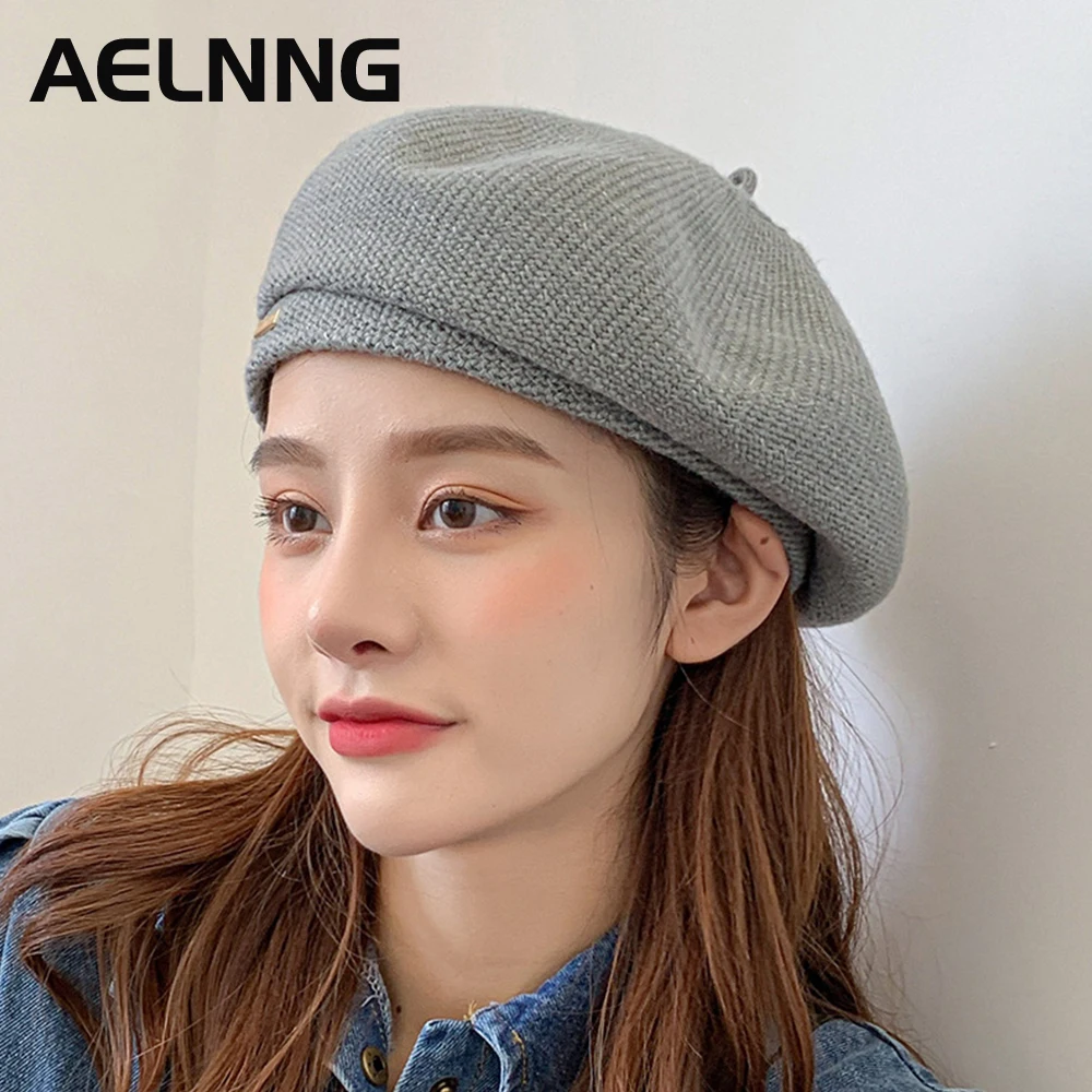

AELNNG Brand Women's Knitted Beret Spring Summer Solid Color Casual Women Beanie Hat Cap Vintage Plain Berets A9382