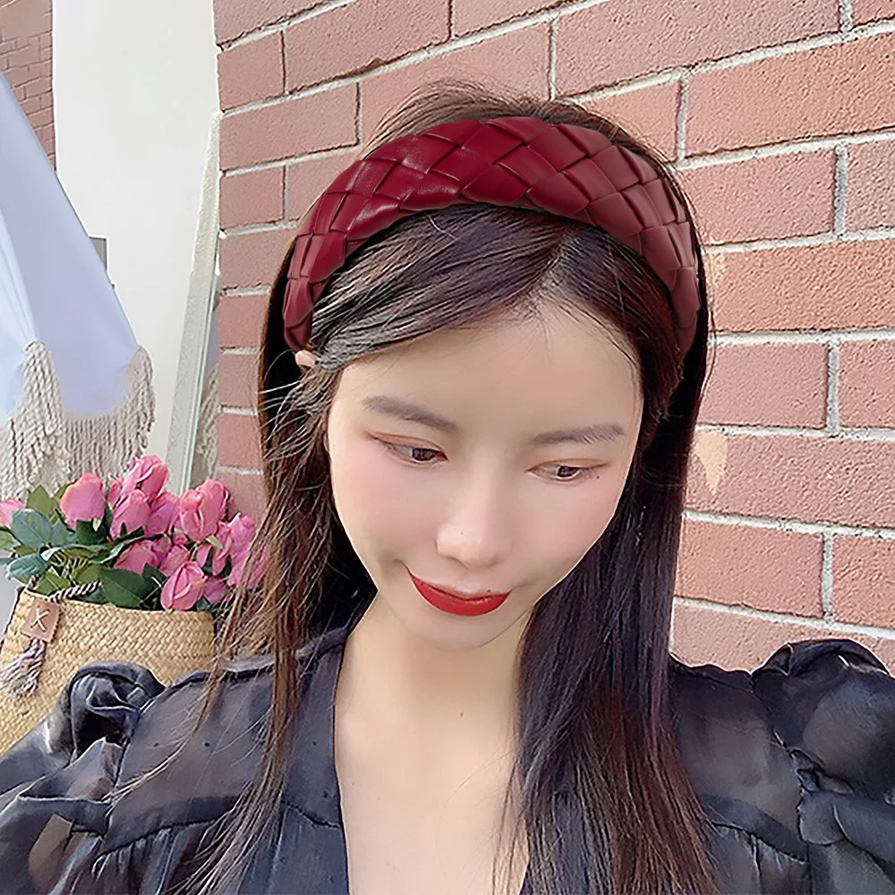 

Women Pu Headband Retro Women Headbands Woven Morandi Color Wide Side Hair Band Women Hair Accessories Handmade Head Ring