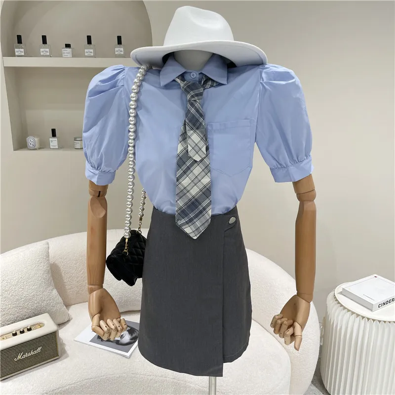 

Women's Spring Summer 2021 Fashion Bubble sleeve shirt with tie + irregular high waist skirt