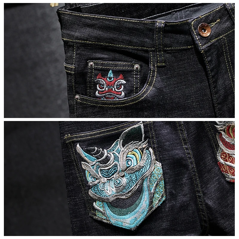 

Lyprerazy Men Japanese Street Hip Hop Wind Lion Head Embroidery Straight Jeans Stretch Slim Casual Motorcycle Denim Trousers