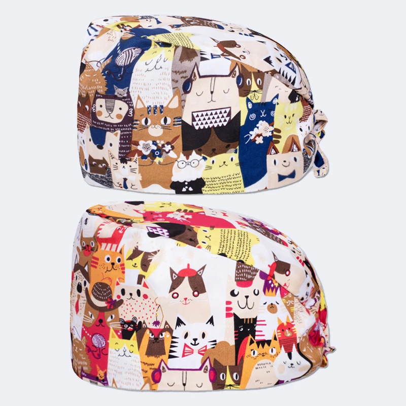 

High Quality Cartoon Print Sweat-absorbent Scrub Hat Beautician Spa Lab Men and Women Adjustable Scrub Caps Cute Nurse Hat