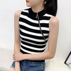 Harajuku Модные трикотажные женские жилеты на молнии, однотонные полосатые облегающие Женские топы без рукавов, эластичные хлопковые женские футболки