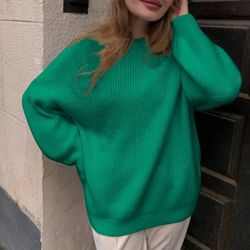 Свитер женский вязаный с круглым вырезом длинным рукавом | Женская одежда