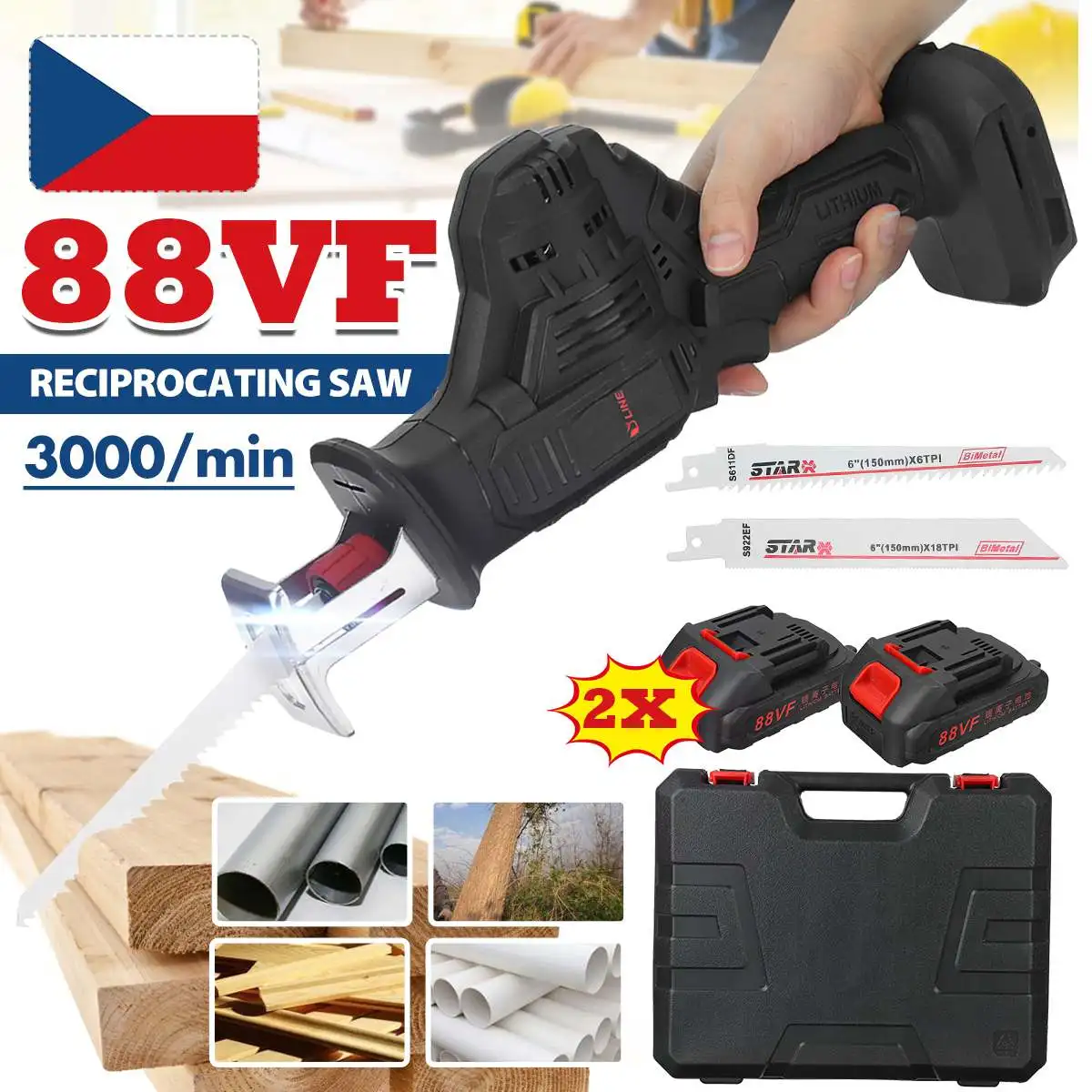 

88V Cordless Electric Reciprocating Saw With 2Pcs Li-ion Battery Variable Speed Metal Wood Cutting Tool Electric Saw Power Tool