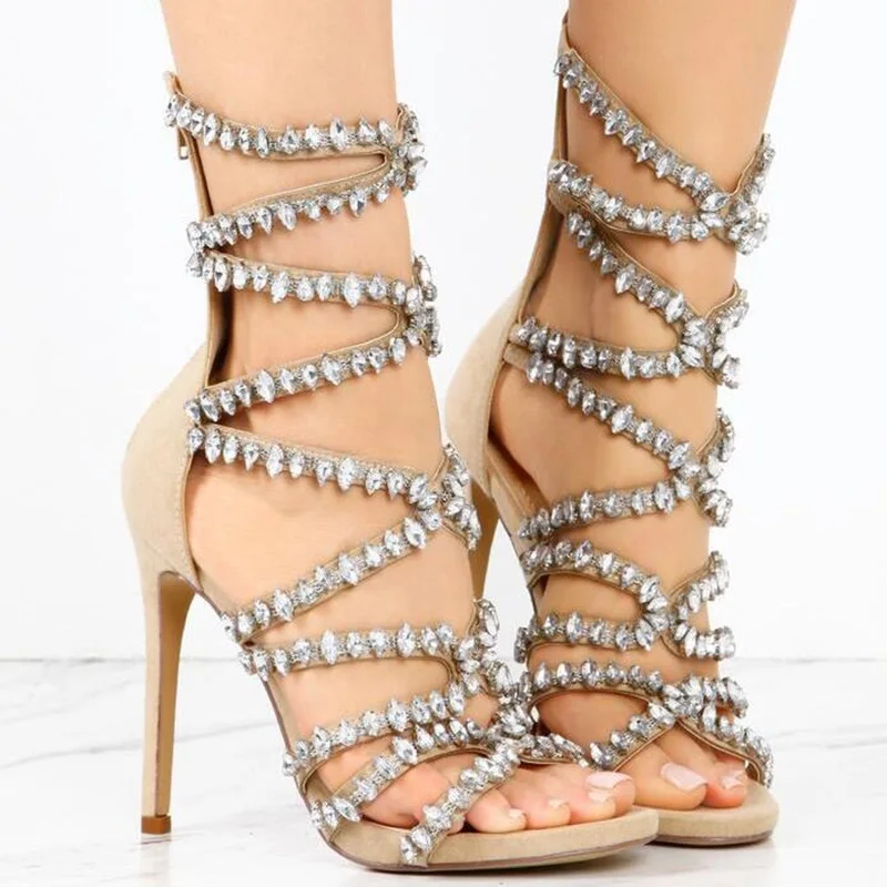 

Stylish Bling Bling Crystal High Heel Sandals Peep Toe Cross Strap Rhinestone Dress Shoes Cut-out Gladiator Heels Party Shoes