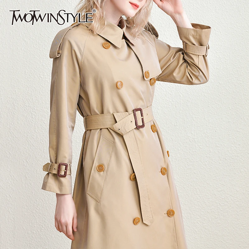 

TWOTWINSTYLE Korean Temperament Windbreaker For Women Lapel Long Sleeve Sashes Double Breasted Casual Windbreakers Female Spring