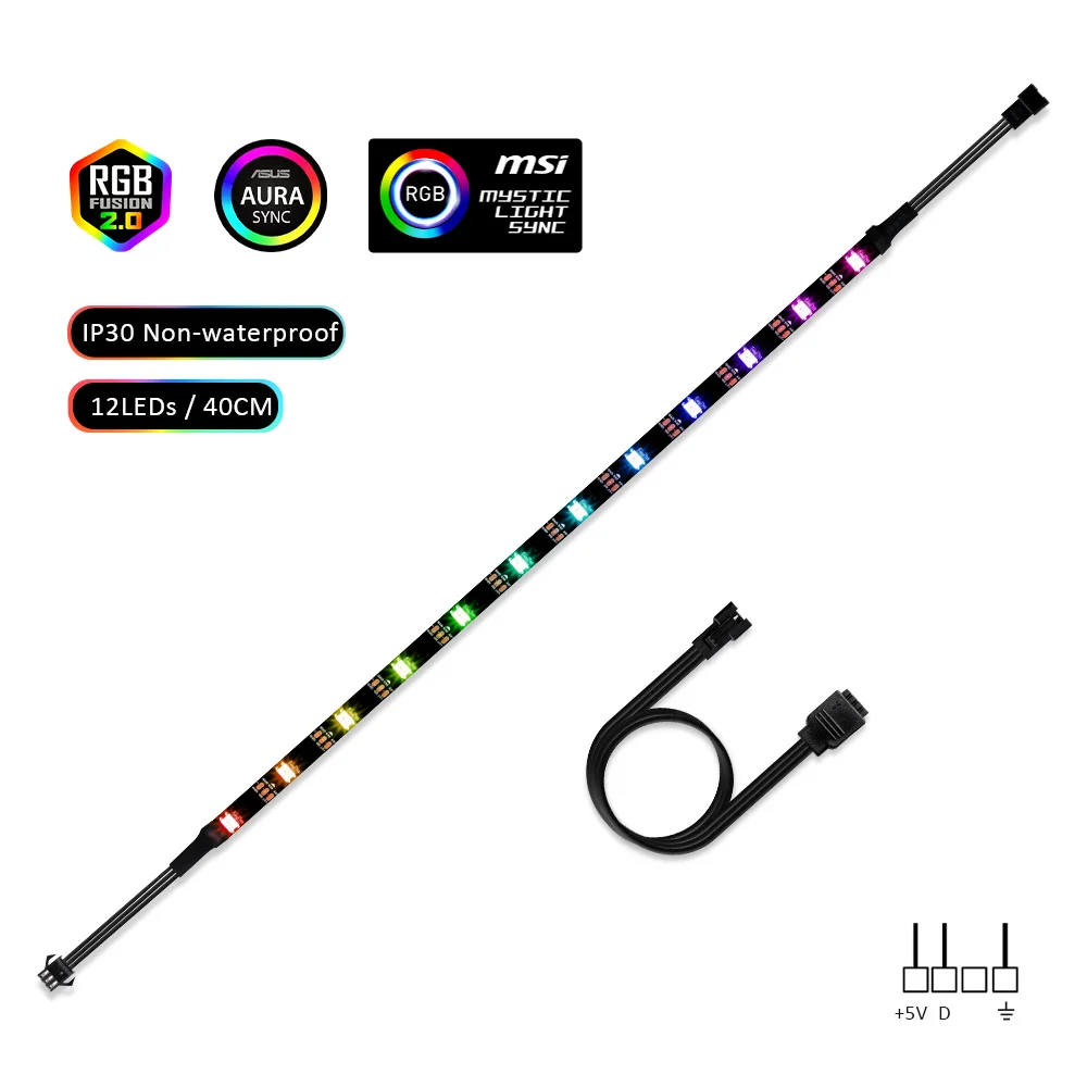 1x40cm 12leds IP30 Светодиодные ленты светильник RGB 5V прибор приемно-ws2812b полосы для ПК чехол материнская плата 3 контактный разъем для ASUS Aura SYNC, MSI Mystic светильник синхронизации - Испускаемый цвет: 1x40cm 12leds IP30