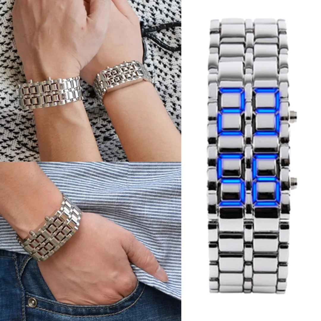 Silver Blue Light Lava Iron Samurai, мужские часы, роскошный ремешок из нержавеющей стали, светодиодный, мужские спортивные электронные часы, светодиодный, цифровые часы, reloj hombre - Цвет: Silver Blue Light