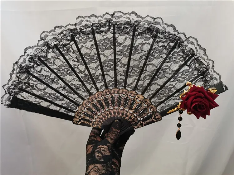 

Japanese Original Handwork Lolita Folding Fan Gorgeous Red Rose European Style Vintage Lace Take Soft Sister Pictures Props New