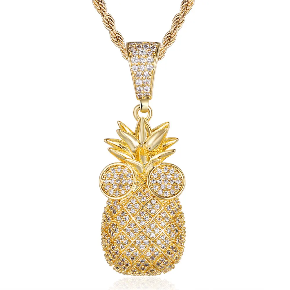 

100% Micro Zircon Hip Hop Cartoon Pineapple Pendant Necklace For Men Jewelry CZ Rapper Jewelry Bling Bling Factory Prices