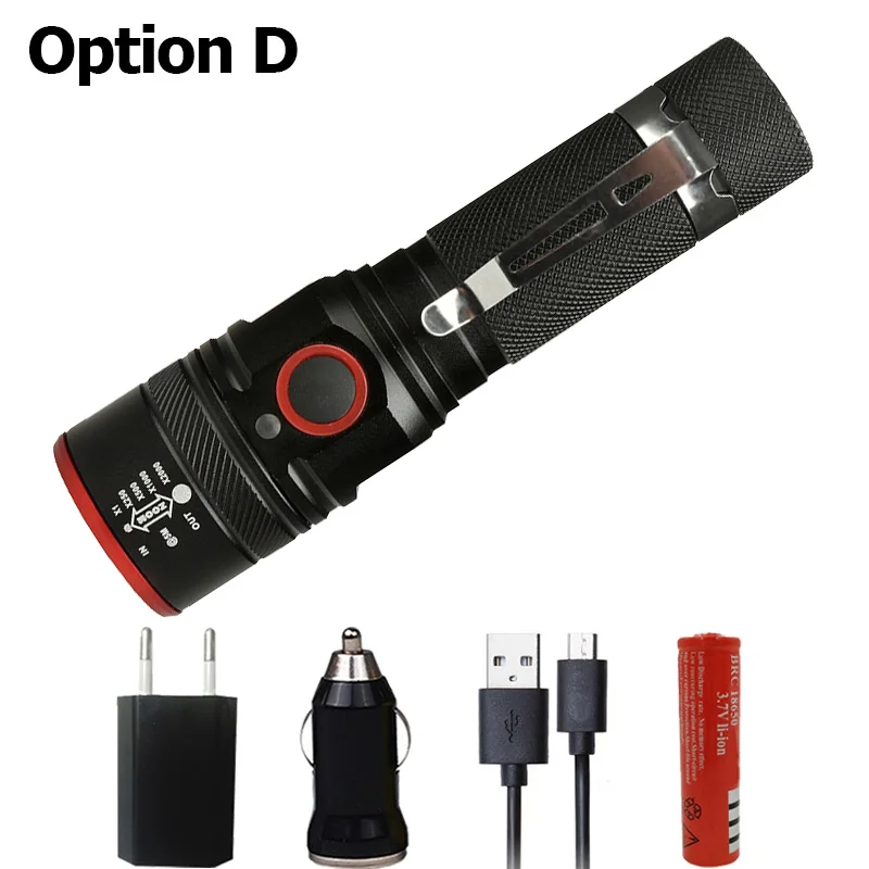 Option D Litwod Z20 1511 5200LM USB Перезаряжаемый Фонарик XML-T6 светодиодный фонарик с масштабированием 4 режима фонарь для 18650 с usb-кабелем для кемпинга - Emitting Color: Option D