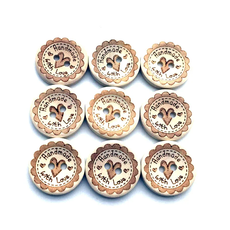 100 шт., круглые деревянные пуговицы с надписью «Handmade With Love», 20 мм