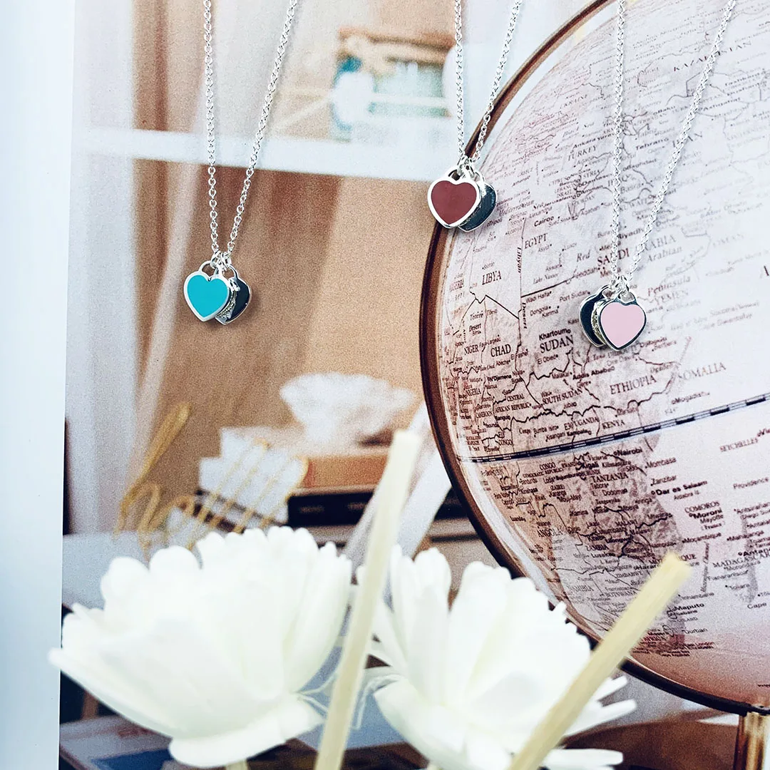 

Classic T logo three-color double peach heart pendant, exquisite ladies necklace, luxurious fashion jewelry,