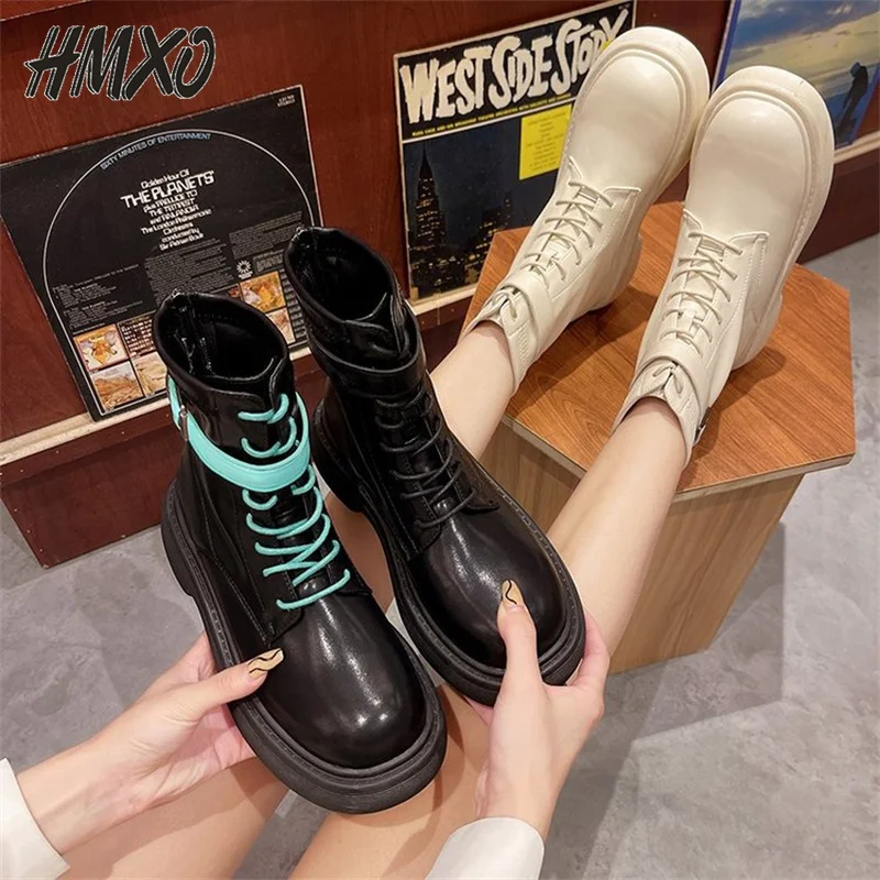 

HMXO Martin Boots Female Autumn British Handsome Belt Buckle Strap Motorcycle Boots Thick-soled Short Boots Casual Leather Boots