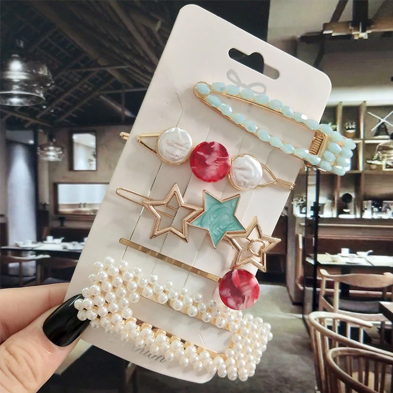 

5pcs New Fashion Simulated Pearl Acrylic Hairpins Set For Women Hair Accessories Elegant Crystl Star Barrette Clips Girl Jewelry