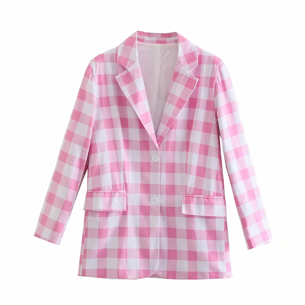 

Za2021, Европейская и американская мода, весна и осень, новинка, женский розовый клетчатый пиджак, блейзер с длинными рукавами