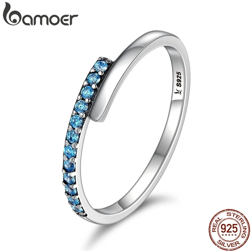 BAMOER, Настоящее серебро 925 пробы, Геометрическая мелодия, голубые Искрящиеся CZ кольца на палец для женщин, ювелирные изделия из стерлингового серебра SCR099