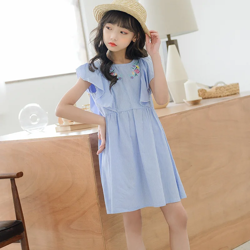 

New Teenager Girls Cotton Embroidery Dress Kids Cute Ruffle Princess Dress for Girls Cute Mother and Kids Summer Clothes, #8767