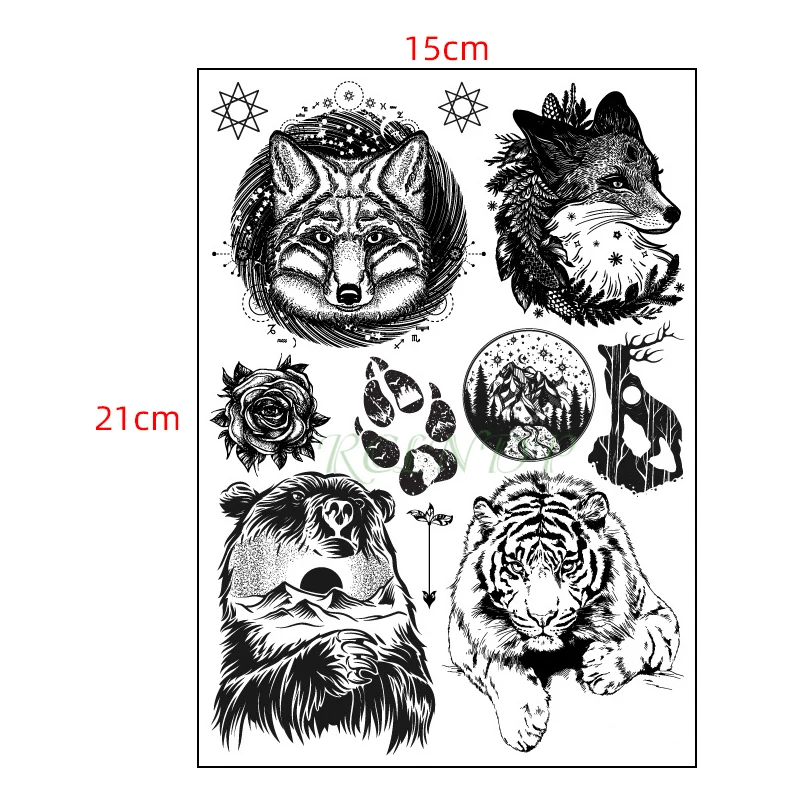 Водостойкая Временная тату-наклейка тигр медведь волк лиса олень цветок
