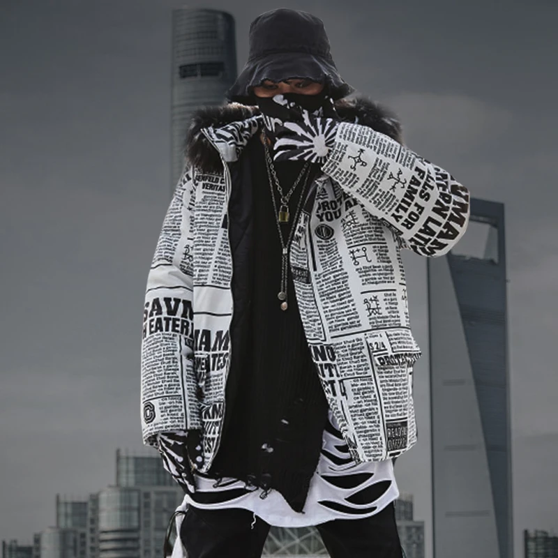 Размер США 2019 Мужская Толстая теплая зимняя куртка с газетным принтом