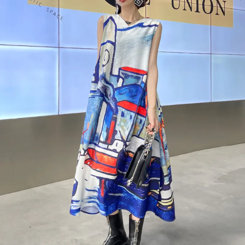

XUXI Women Dress 2021 New Summer Drape V-neck Sleeveless Oil Painting Print Vest Temperament Long Skirt E2032