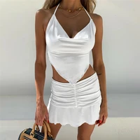 summer sexy solid color two piece set women sleeveless camisole folds mini skirt street casual wear summer skirt suits female