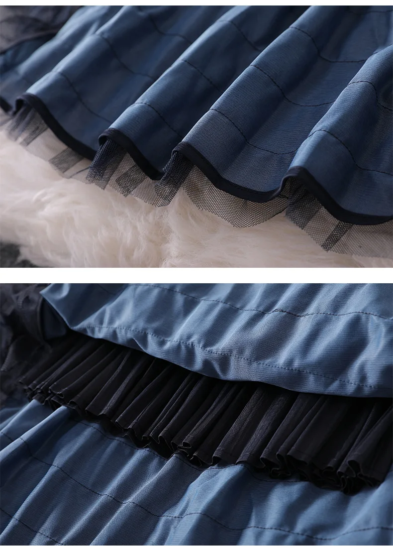 Women fashion autumn winter ruffles dress lace inset falre sleeve fit and flare cute dresses new blue