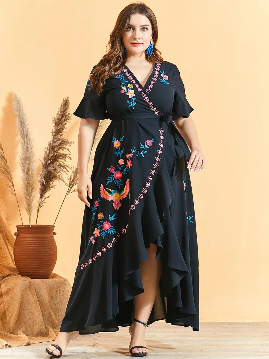 

Plus Size Summer Dress 2021 Fashion Summer V Neck Short Sleeve Embroidery Floral Ruffles Irregular Dress Maxi Long Boho Dresses