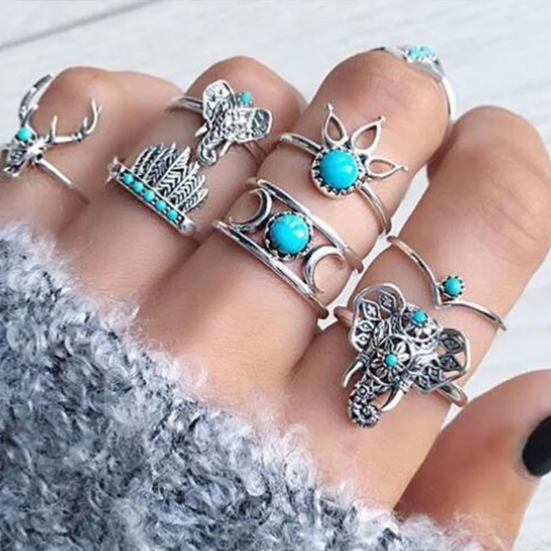 Tocona 7 шт./компл. Boho Серебряный слон кольца для женщин драгоценный камень кристалл