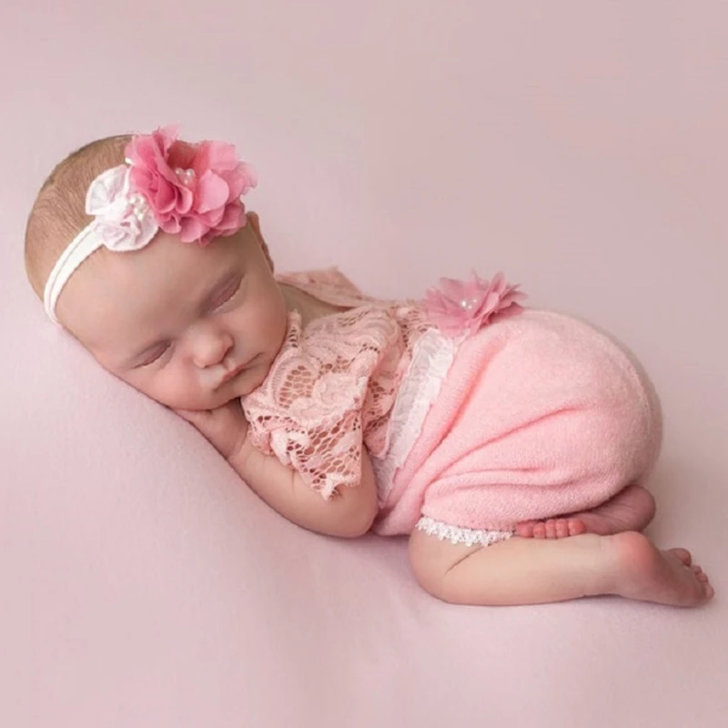 

2 Pcs/Set 0-1Month Newborn Photography Props Baby Headband Lace Romper Bodysuits