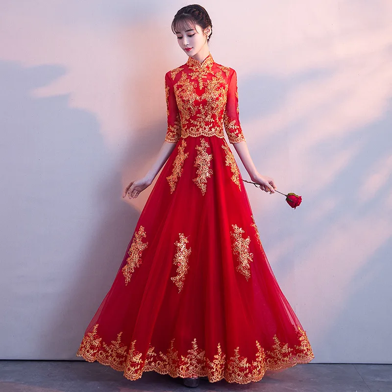 

Novelty Chinese Female Long Qipao Marriage Clothes RED Oriental Bride Wedding Dress Elegant Slim Mandarin Collar Cheongsam