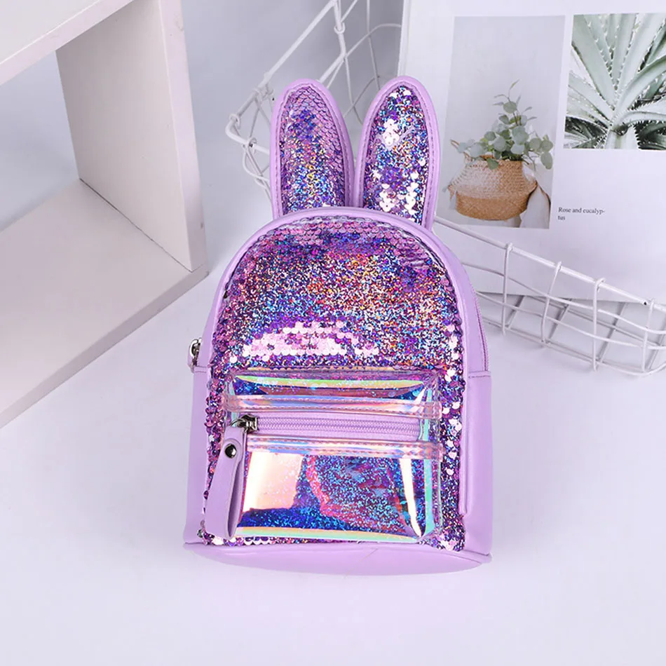 

Модный кожаный рюкзак для девочек с блестками, милый детский рюкзак на молнии с кроличьими ушками, школьная сумка для девочек, детские рюкза...