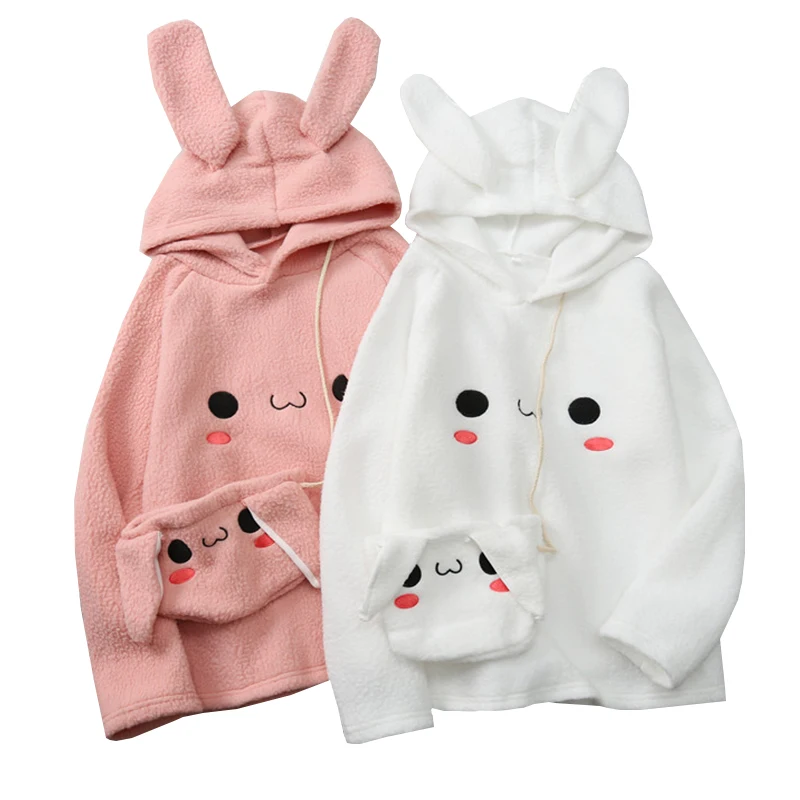 

Женские толстовки с капюшоном Kawaii, с кроличьими ушками, осенне-зимние, модные, теплые, женские, пуловеры для девочек, свитшот, повседневные т...