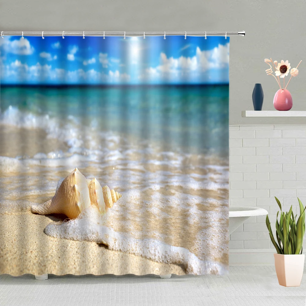

Sea Beach Shower Curtain Starfish Shell Summer Seaside Scenery Vacation Bathroom Bathing Curtains Washable With Hooks Home Decor